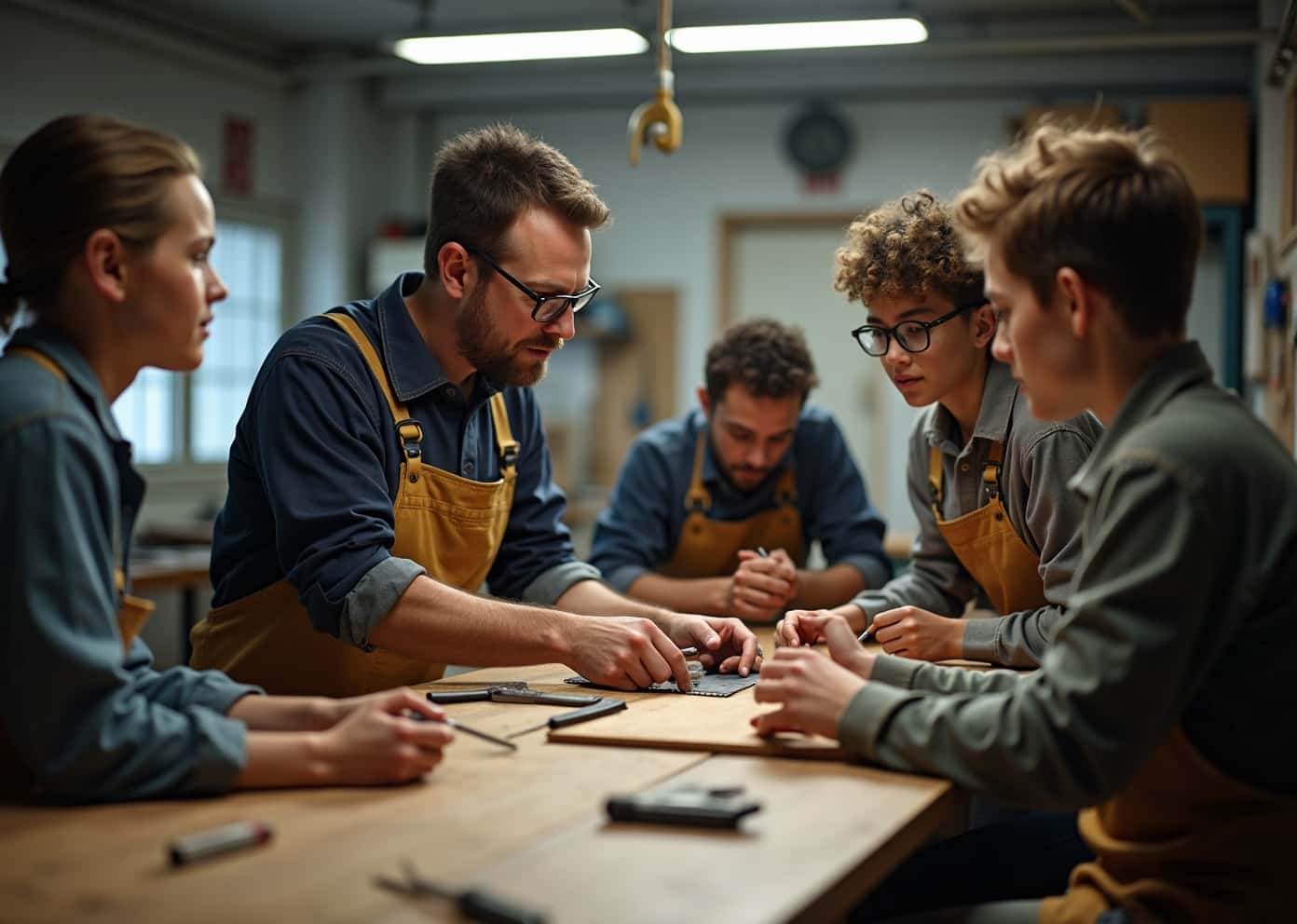A trade-school instructor teaching young apprentices at a workbench