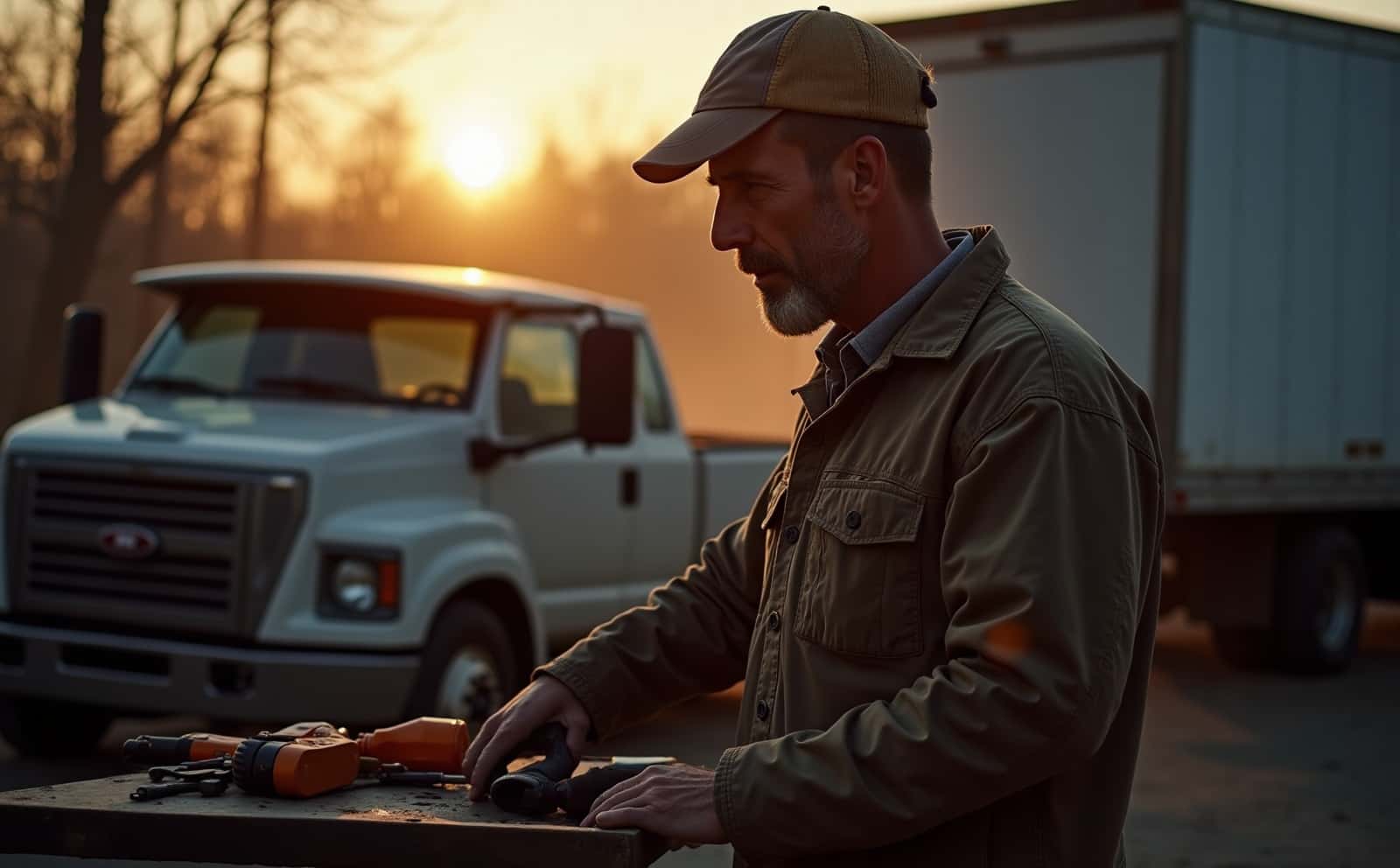 A tradesperson at their truck in the early-morning light